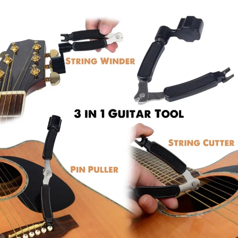 A set of 3-in-1 guitar tools including a string winder, string cutter, and pin puller shown near an acoustic guitar.