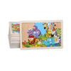 A wooden jigsaw puzzle featuring various colorful jungle and farm animals for toddlers.