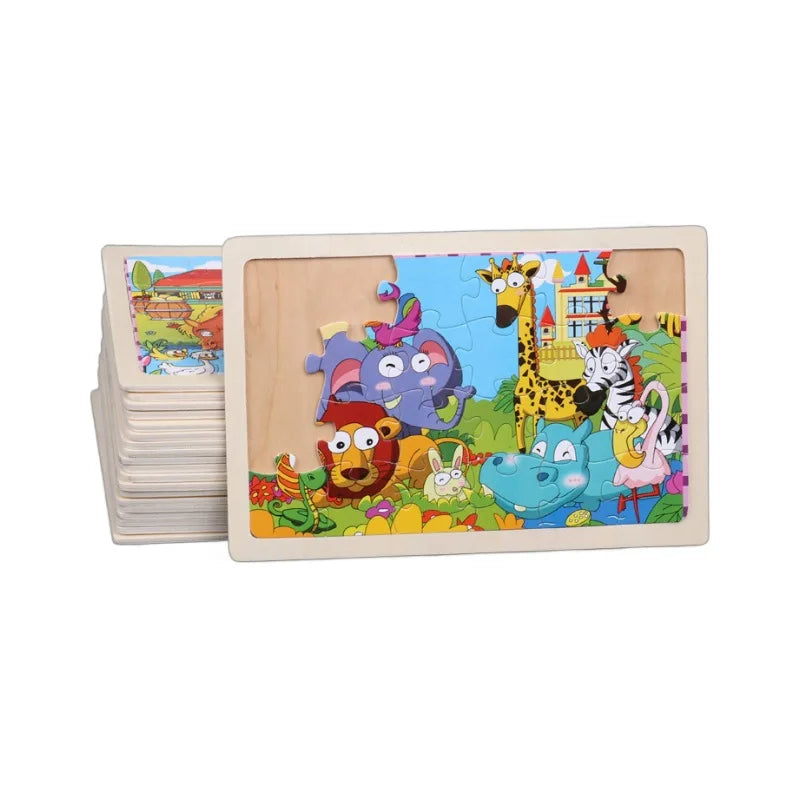 A wooden jigsaw puzzle featuring various colorful jungle and farm animals for toddlers.