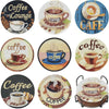 A set of eight diamond art coasters featuring various coffee-themed designs including a coffee lounge, cup, and cafe