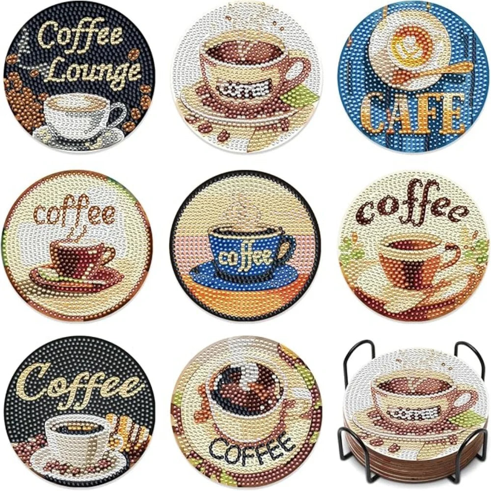 A set of eight diamond art coasters featuring various coffee-themed designs including a coffee lounge, cup, and cafe