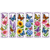 A set of six vertical cross-stitch bookmarks featuring colorful butterflies and flowers.