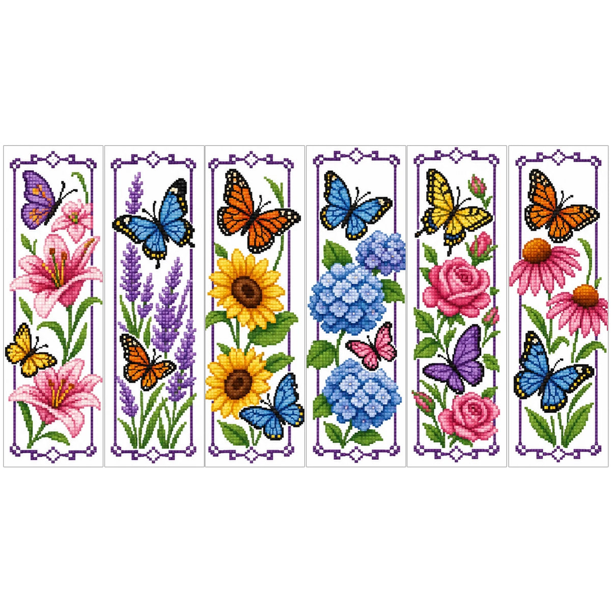 A set of six vertical cross-stitch bookmarks featuring colorful butterflies and flowers.