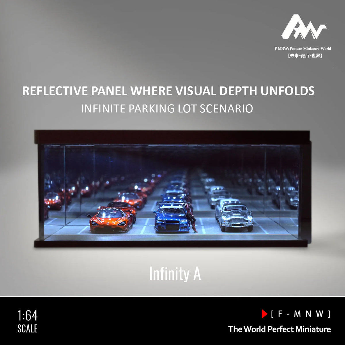 A 1:64 scale transparent display showing a reflective panel with miniature model cars in an infinite parking lot scenario.