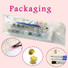 A clear plastic packaging shows acrylic paints, brushes, and a canvas for a DIY paint by numbers kit.