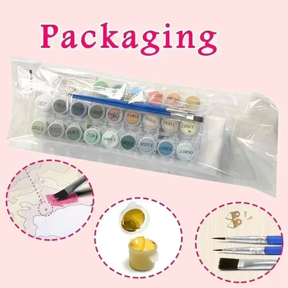 A clear plastic packaging shows acrylic paints, brushes, and a canvas for a DIY paint by numbers kit.