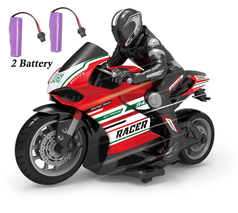 A black and red remote control stunt motorcycle toy with a rider, powered by two batteries.