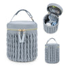 A light gray knitted organizer bag with a zipper and a removable lid, shown next to an open version.