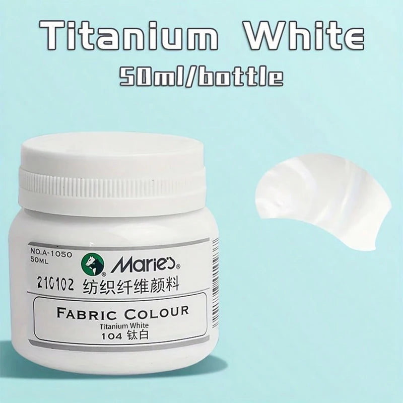 A white ceramic jar of Titanium White fabric colour paint, labeled 50ml/bottle.
