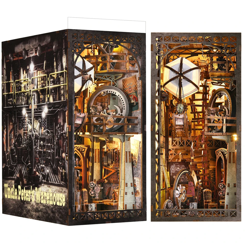 A detailed miniature wooden book nook kit showing an intricate workshop scene with gears and machinery.