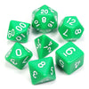 A collection of green acrylic dice showing various numbers and shapes used for tabletop role-playing games