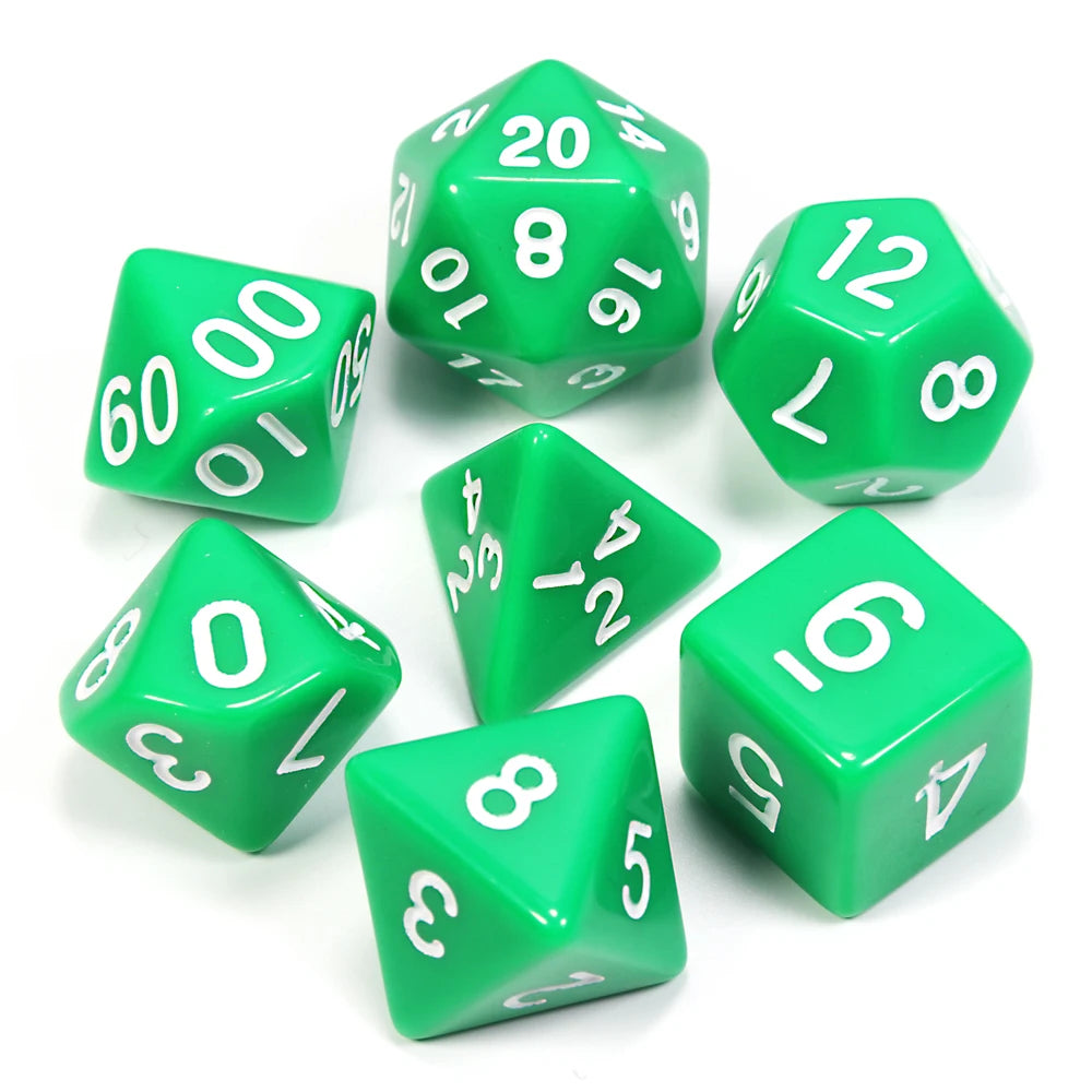 A collection of green acrylic dice showing various numbers and shapes used for tabletop role-playing games