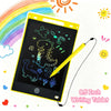 A yellow 8.5-inch LCD writing tablet with a stylus pen is shown against a background of colorful rainbows and suns.