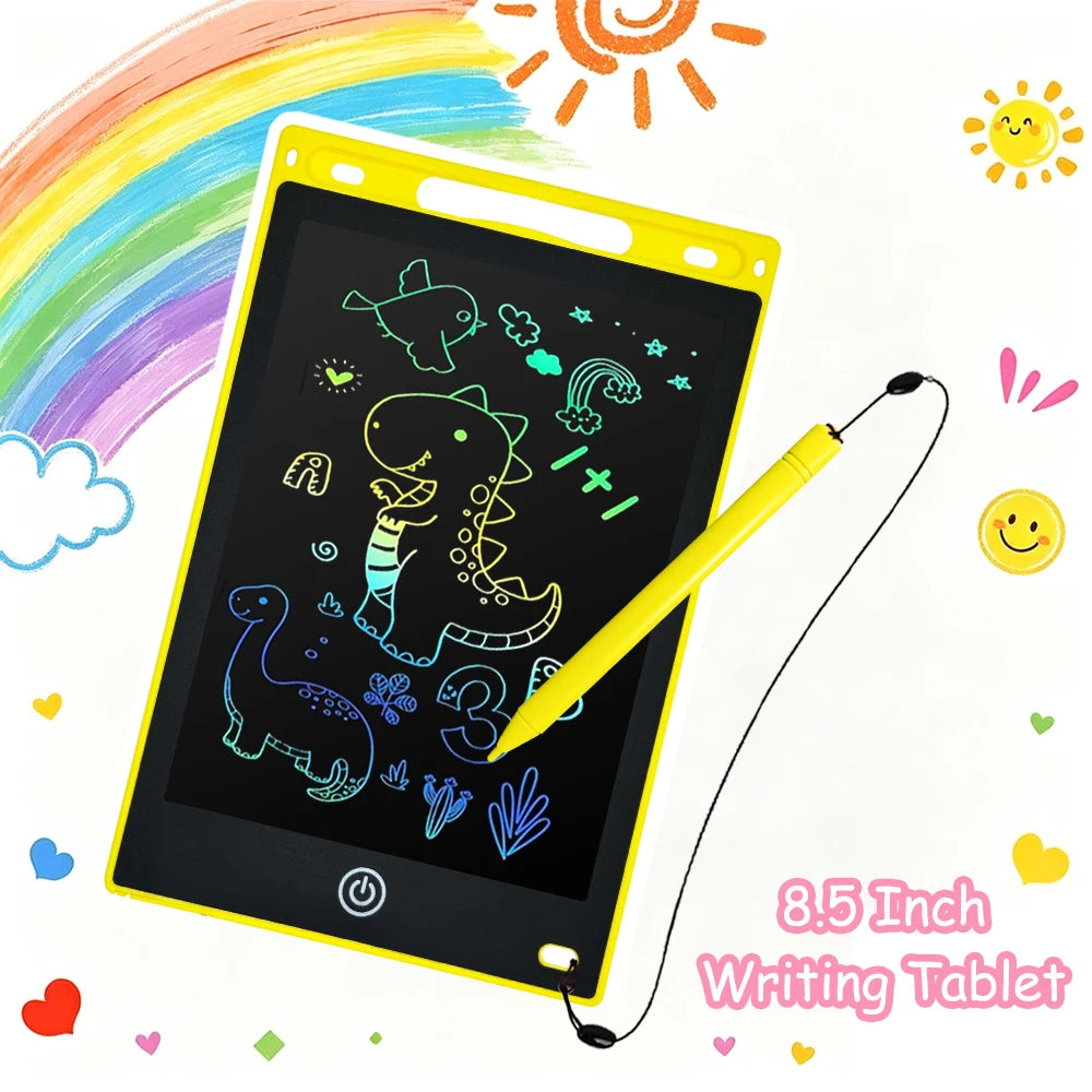 A yellow 8.5-inch LCD writing tablet with a stylus pen is shown against a background of colorful rainbows and suns.