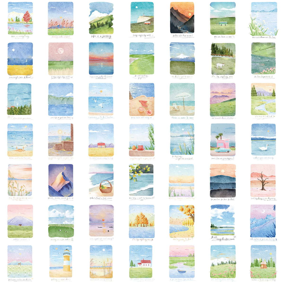 A collection of watercolor stickers depicting various scenes of mountains, seascapes, landscapes, and nature.