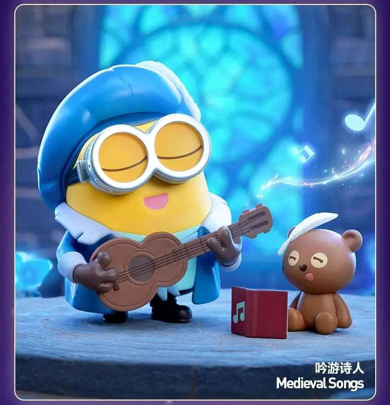 A POP MART Minions Bedtime Stories collectible figure with large goggles playing an acoustic guitar.