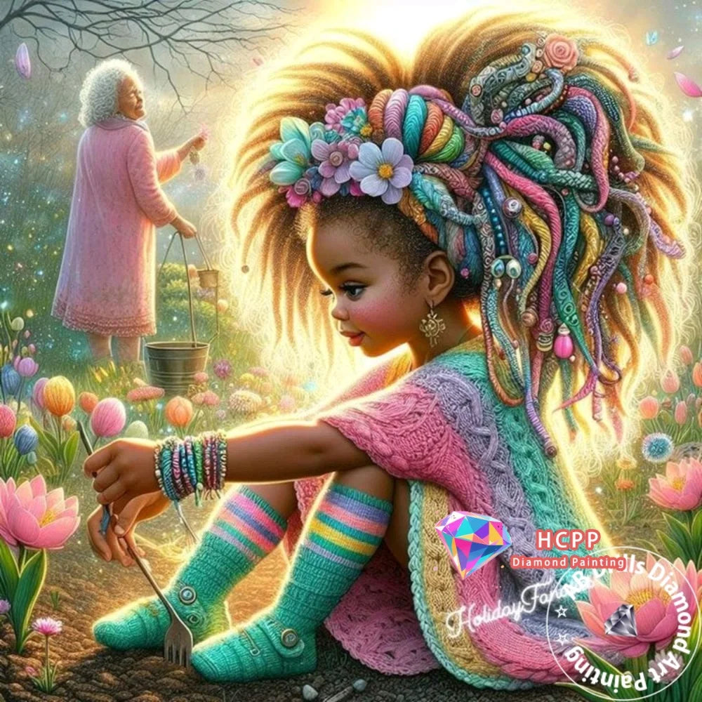 A young girl with vibrant hair and clothing is featured alongside a woman in a pink coat, set against a colorful floral backg