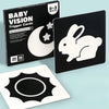 A set of black and white visual trigger cards for baby vision stimulation, including a bunny silhouette.