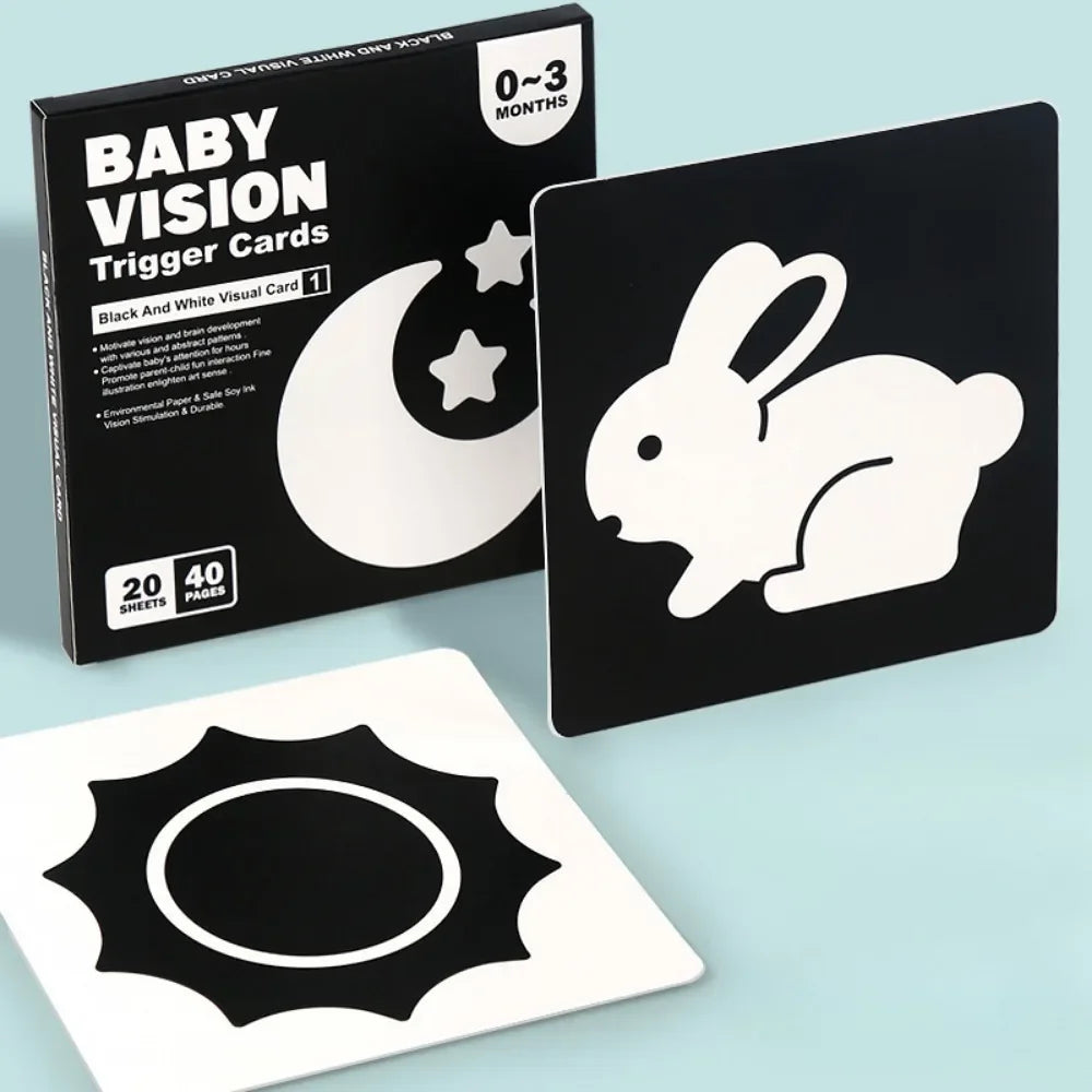 A set of black and white visual trigger cards for baby vision stimulation, including a bunny silhouette.