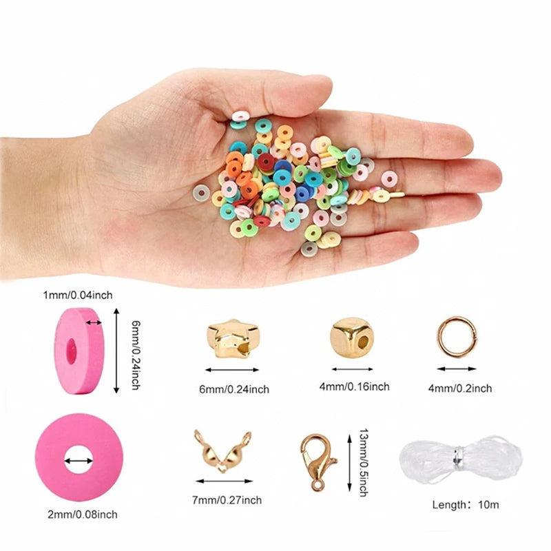 A hand holds a variety of colorful flat round polymer clay beads and various jewelry findings like rings and clasps.