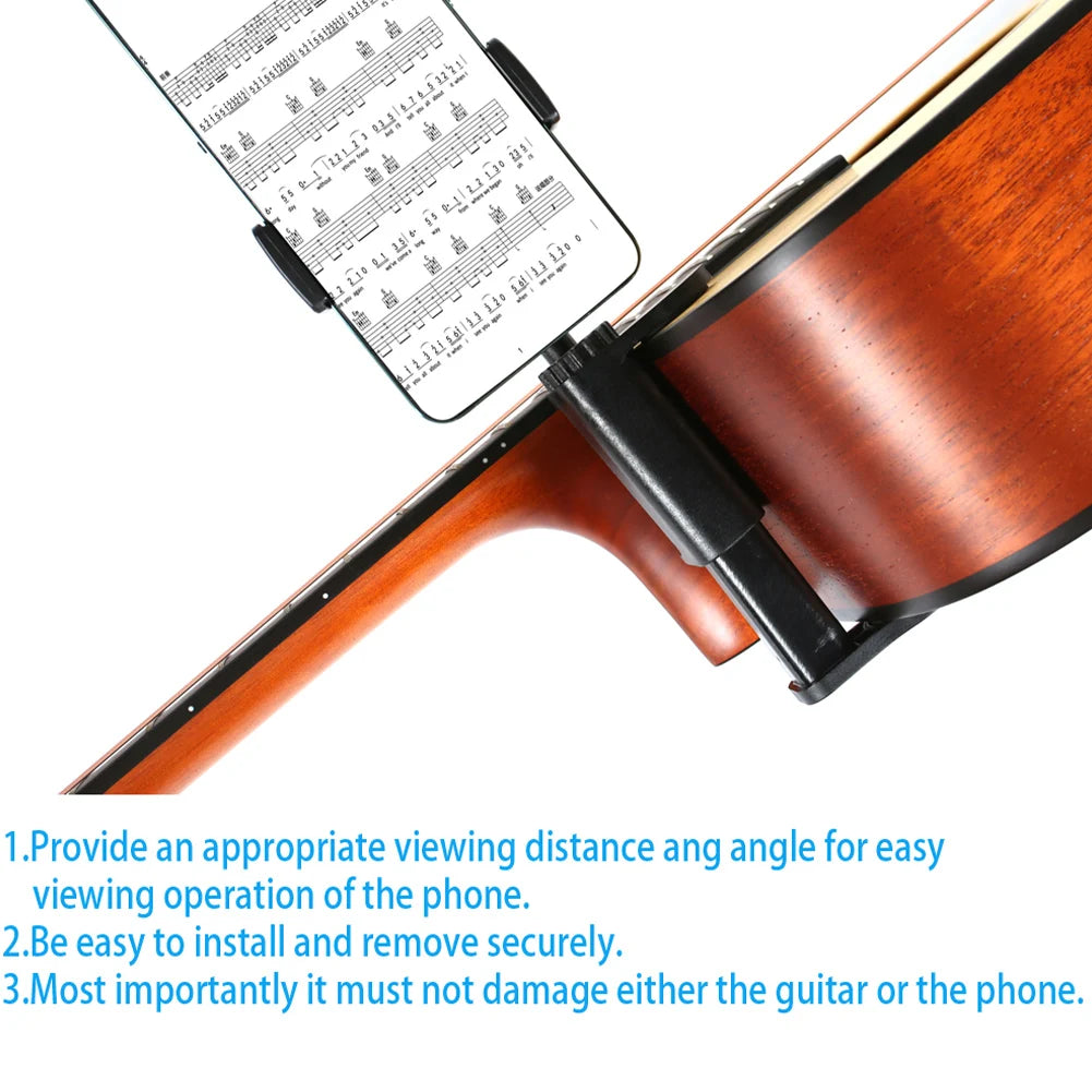 An adjustable guitar phone holder device positioned to allow viewing of sheet music on a smartphone.