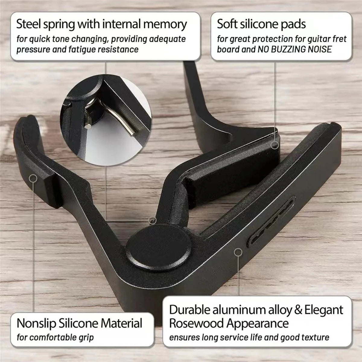 Zinc Alloy Guitar Capo with 5 Celluloid Picks — Fits Acoustic, Electric, Classical, and Ukulele