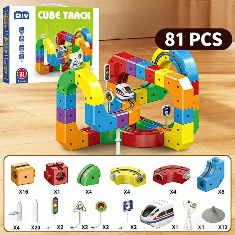 A set of magnetic building blocks and a 3D track featuring various colored pieces and accessories.