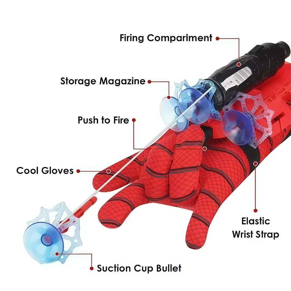 A red superhero launcher wrist toy set showing components like a firing compartment, storage magazine, and suction cup bullet