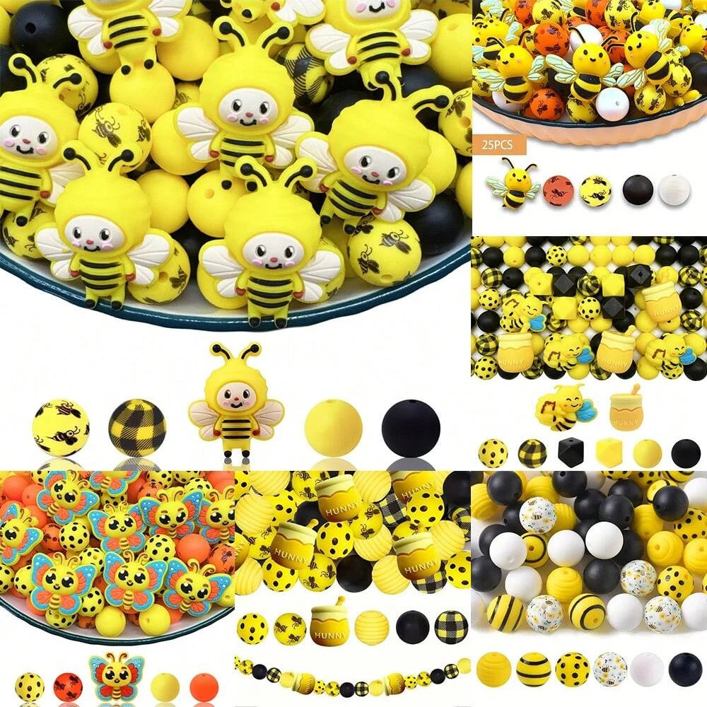 A collection of yellow and black silicone beads shaped like bees for DIY crafts.