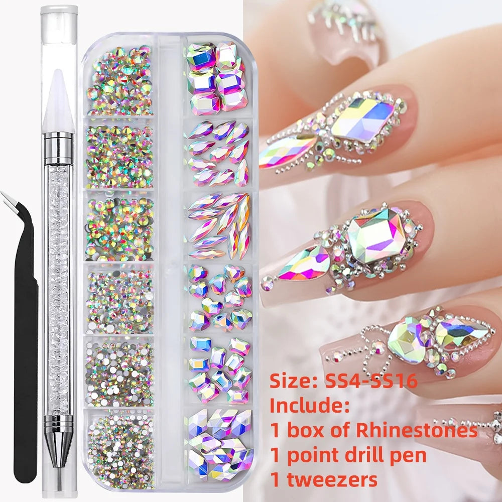 A kit for nail art featuring glass rhinestones, gems, and tools like a drill pen and tweezers.