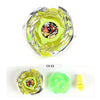 A clear metal spinning top with a yellow-green body and an orange and black graphic design, shown from above.