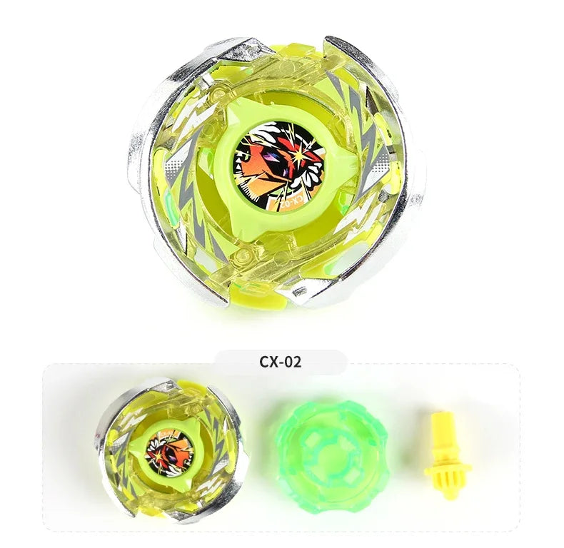 A clear metal spinning top with a yellow-green body and an orange and black graphic design, shown from above.