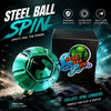 A teal steel ball fidget toy is displayed next to its black packaging, emphasizing durability and ultra-spin technology.