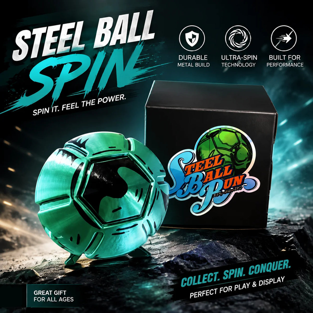 A teal steel ball fidget toy is displayed next to its black packaging, emphasizing durability and ultra-spin technology.