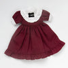 A vintage lace maid dress set for 1/6 scale dolls featuring a maroon dress with white lace trim and a black bow.