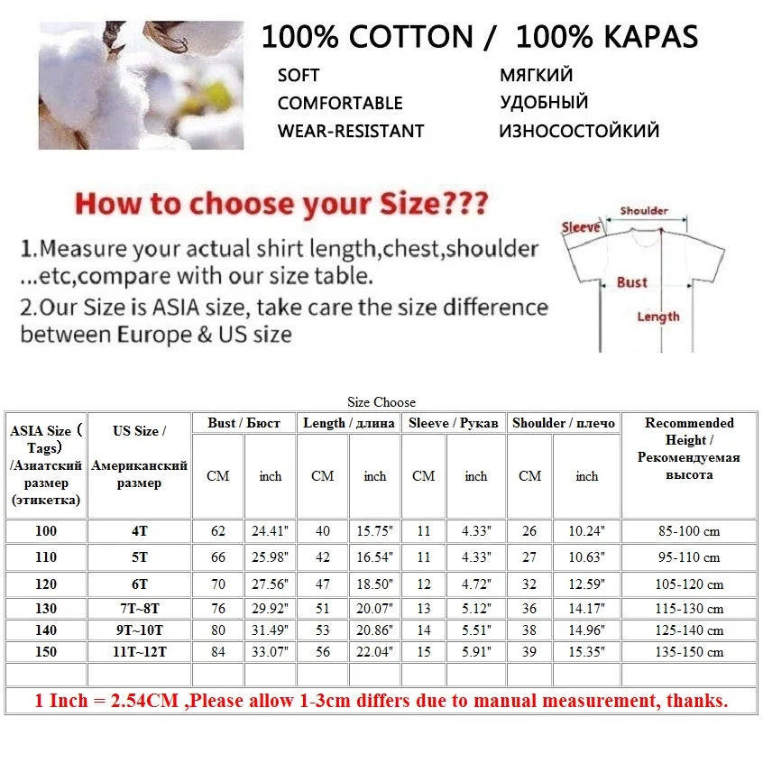 A product information sheet showing sizing instructions and details for a cotton shirt.