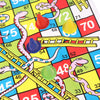 A close-up view of a colorful Snakes and Ladders board game with snakes, ladders, and numbered squares.