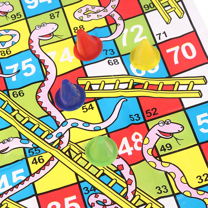 A close-up view of a colorful Snakes and Ladders board game with snakes, ladders, and numbered squares.