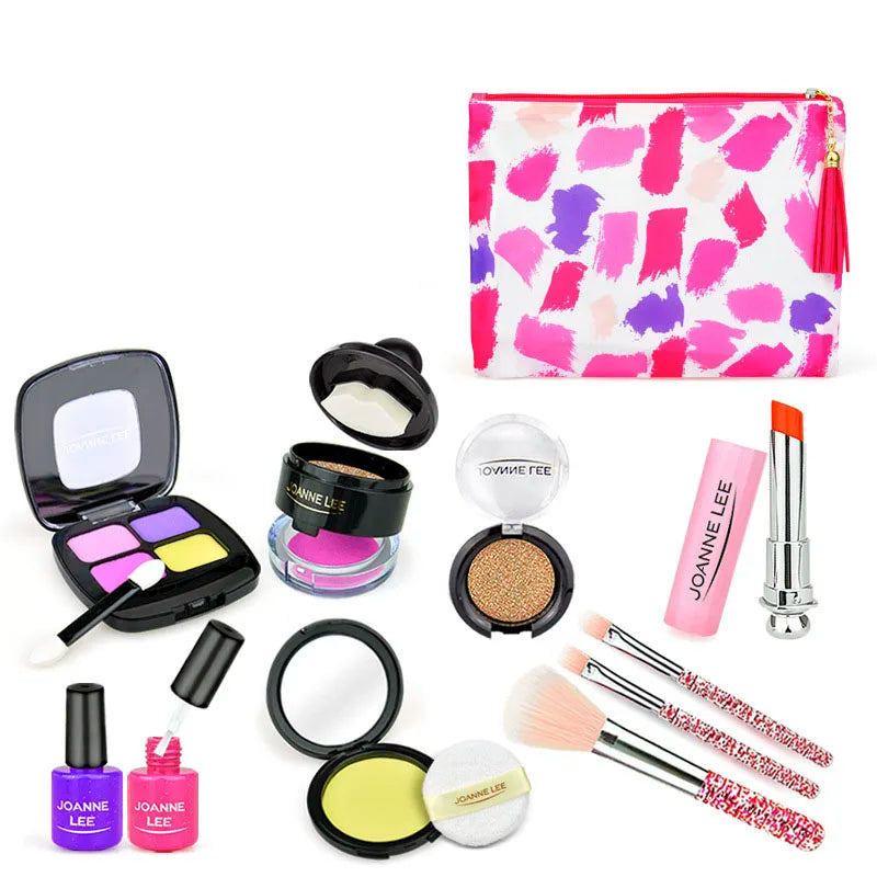 A makeup set for kids featuring various colored lip and face products, brushes, and a safe mirror.