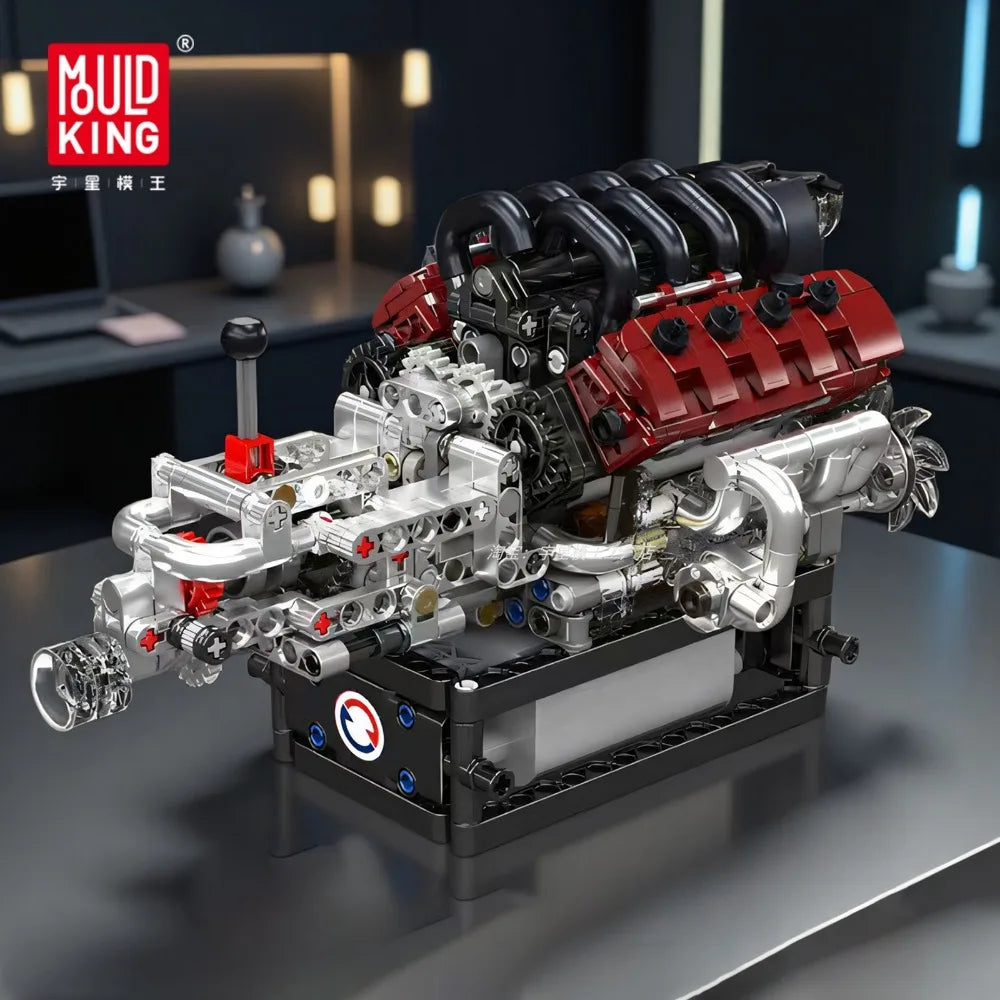 A detailed V8 engine building kit with working pistons and components displayed on a dark surface.