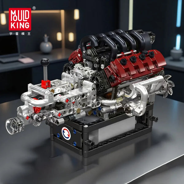A detailed V8 engine building kit with working pistons and components displayed on a dark surface.