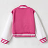Back view of a pink and white knitted cardigan with striped cuffs and hem.