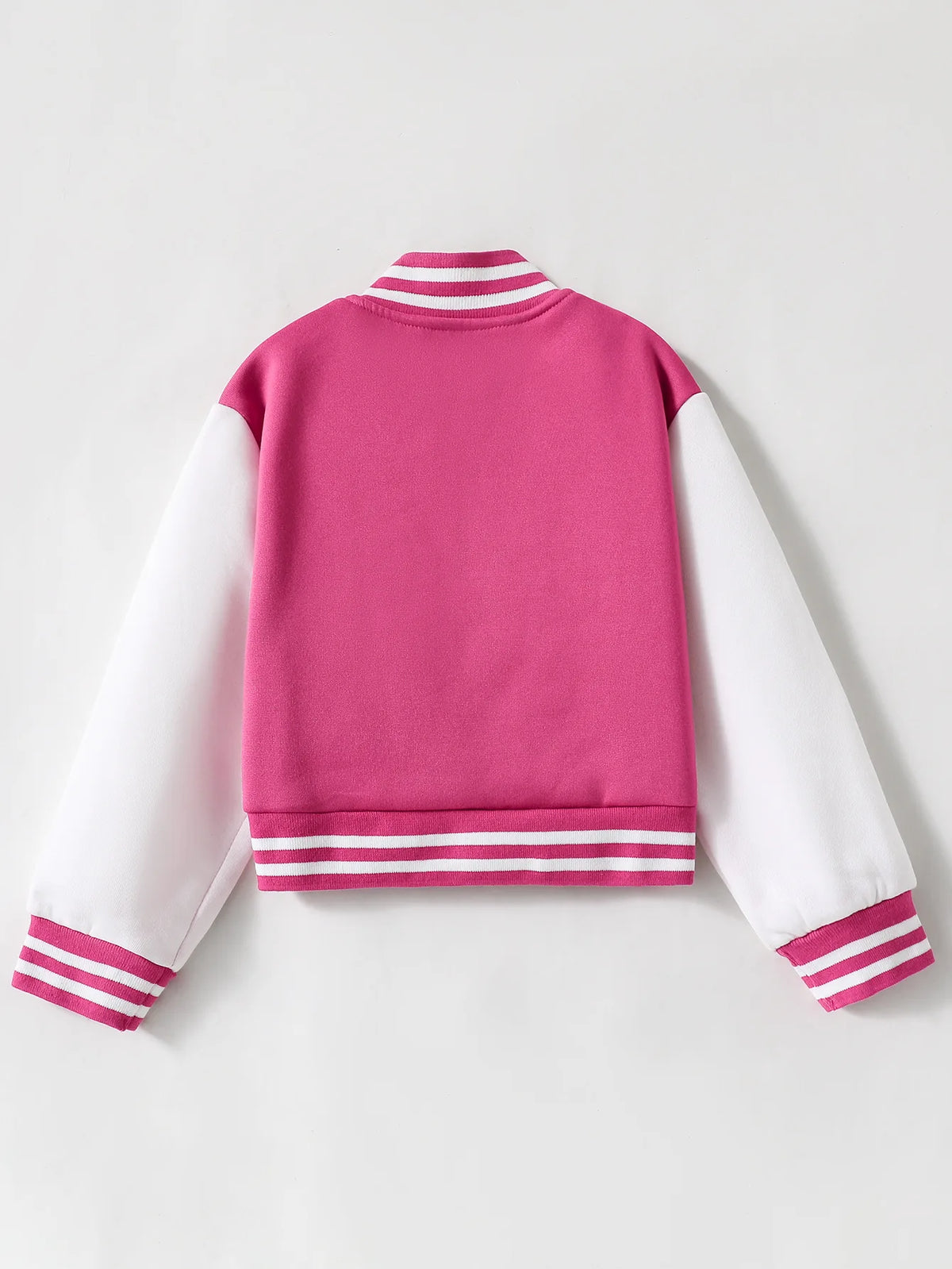 Back view of a pink and white knitted cardigan with striped cuffs and hem.