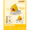 A yellow cute bird model made of micro building blocks is shown next to its packaging and dimensions.