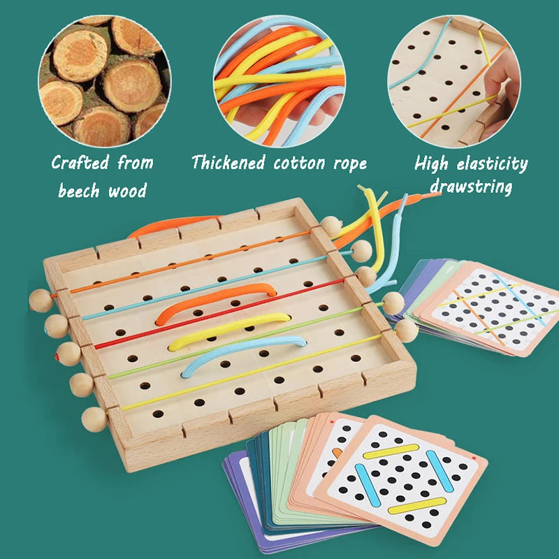 Wooden lacing boards with colorful cotton ropes and practice cards for children's threading skills