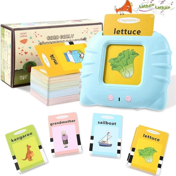 A set of colorful educational flash cards featuring vegetables like lettuce and other items for children.
