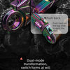 A close-up of a purple and green alloy fidget toy gun with a spinner, demonstrating dual-mode transformation features.