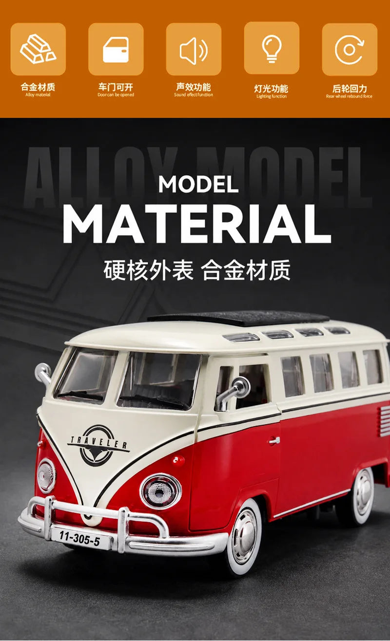 A red and white vintage style metal bus diecast model with pull-back action.