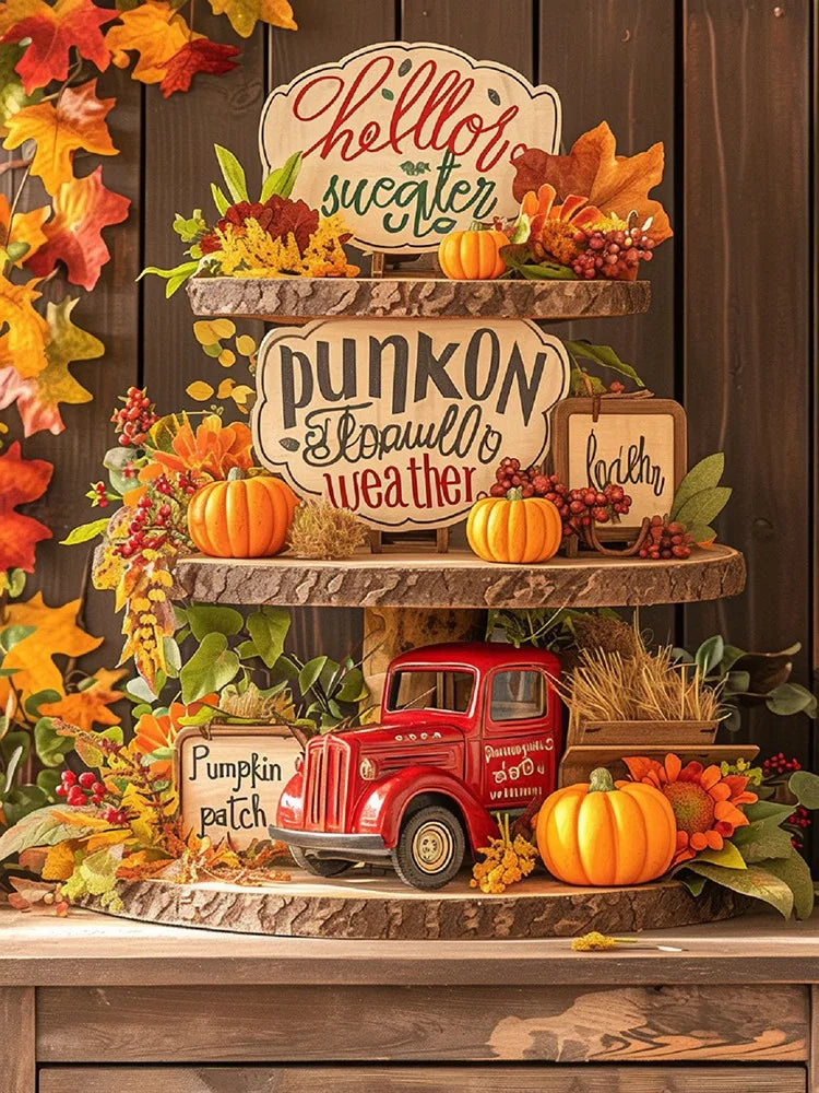 A tiered display featuring pumpkins, autumn leaves, and rustic wooden signs for a diamond painting kit.