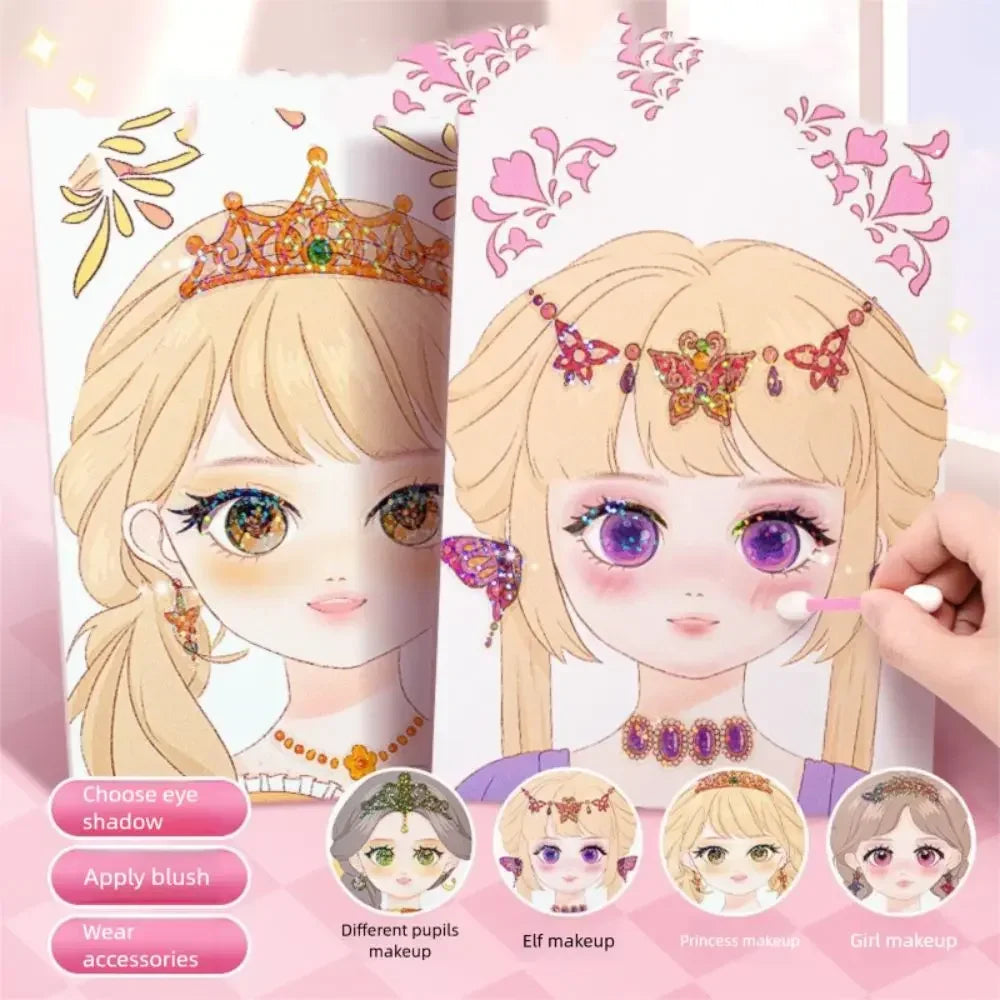 A makeup playset featuring illustrations of a girl with various eye shadows, blush, accessories, and different makeup looks l
